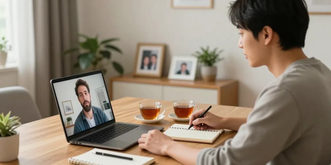 Engaging 1v1 chat in a cozy home office with warm lighting and personal touches.