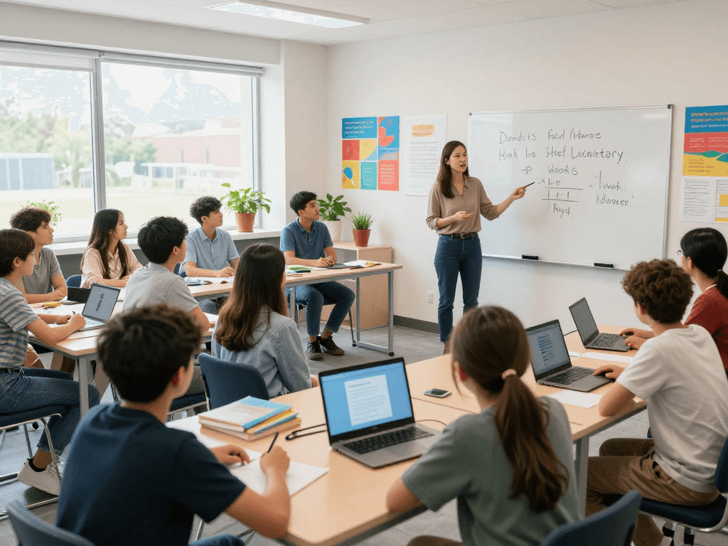 Engaged students learning in a modern classroom, highlighting options for tuition classes near me.