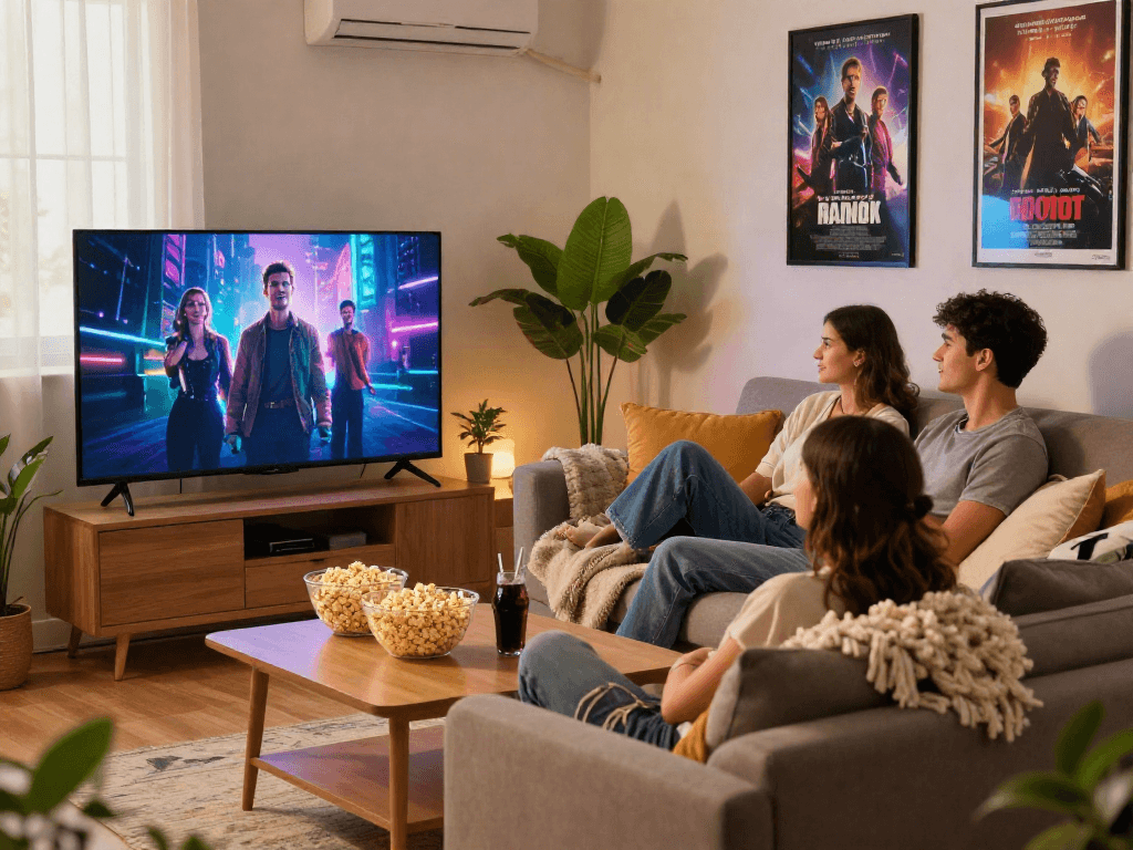 Enjoying Moviebox apk on a stylish sofa with snacks and a cozy atmosphere.