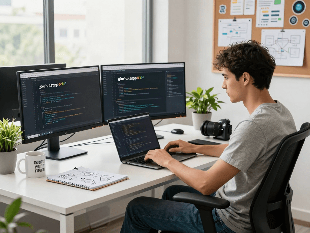 Developer coding on laptop with gbwhatsapp interface in a bright modern office