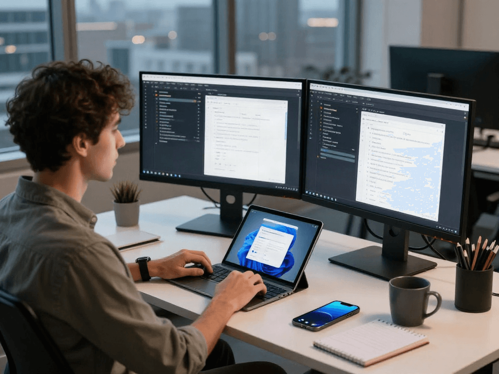 Pikashow app download process illustrated in a modern tech workspace with dual monitors showing code.