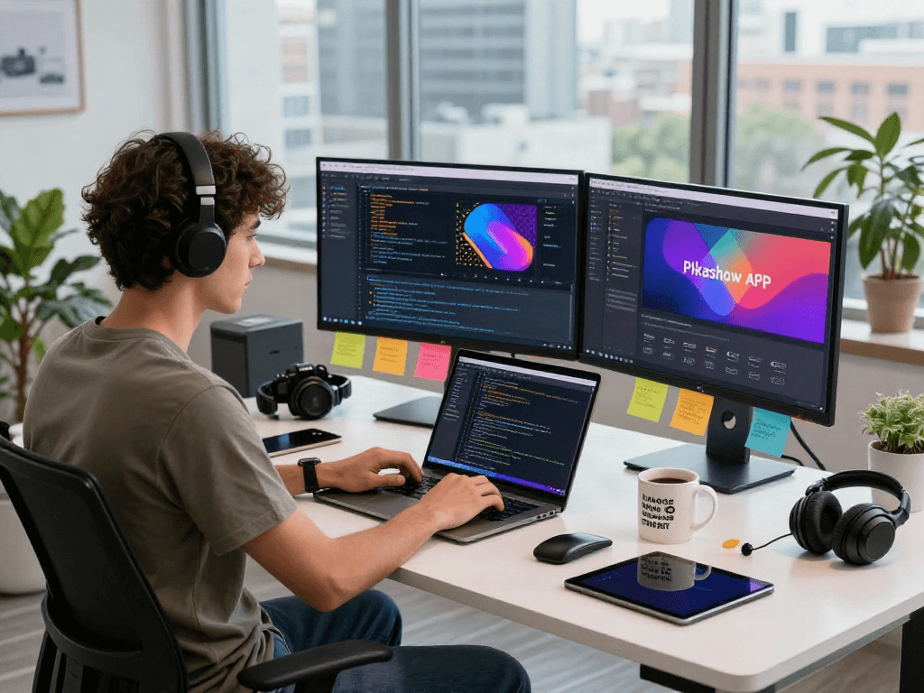 Pikashow APK app development scene with a coder working on dual monitors and vibrant graphics in a modern workspace