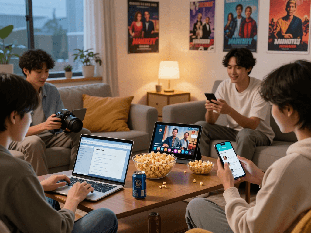 Group of friends enjoying the pikashow app in a cozy living room, streaming movies and shows.