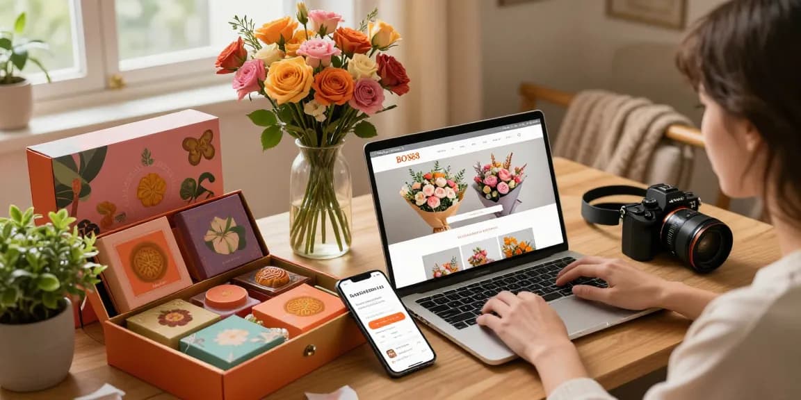 Pengguna bos88 menjelajahi pilihan bunga dan kue bulan dengan nyaman di laptop.