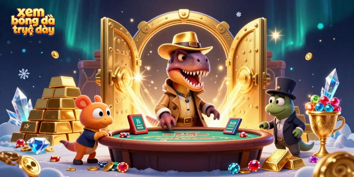 Experience xem bóng đá trực tiếp with a savvy velociraptor at the blackjack table, while treasure bursts around them.