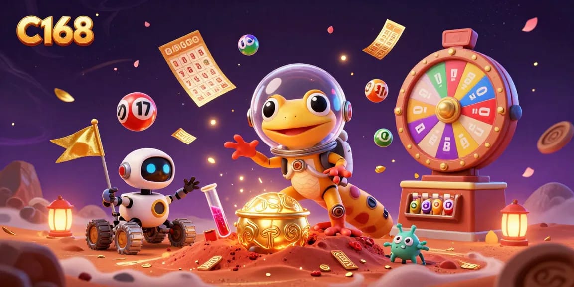 C168 captures a Martian gecko's thrilling lottery discovery in a vibrant golden casino