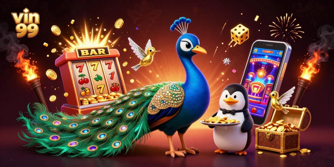 Experience adrenaline with vin 99's vibrant casino scene showcasing a peacock and penguin.