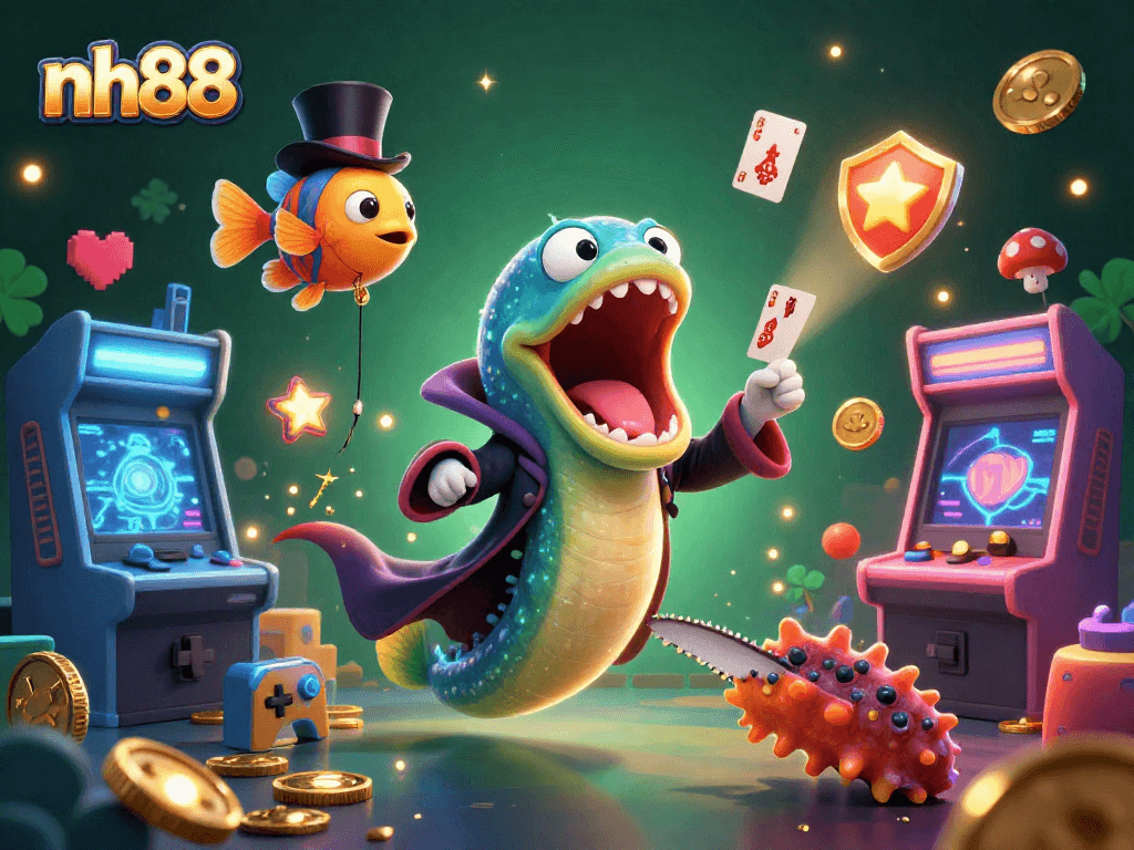 Watch the nh88 casino magic unfold as a bioluminescent gulper eel performs card tricks in a vibrant underwater scene.