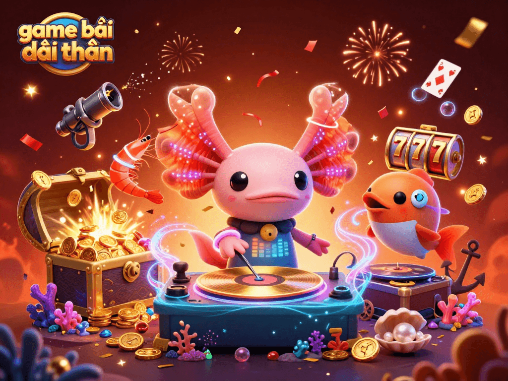 Experience the thrill of game bài đổi thưởng with a vibrant underwater dance party featuring a DJ axolotl and treasure.