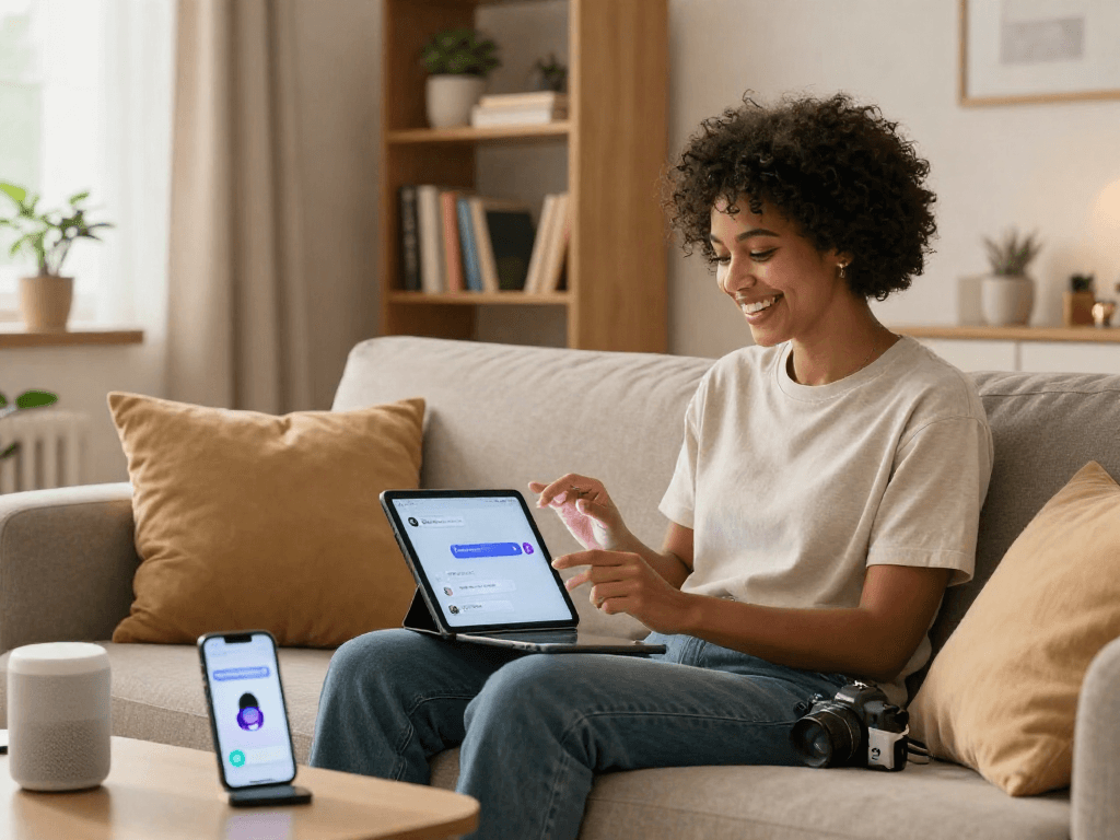 Engaging conversation with a nsfw chat bot on a tablet in a cozy living room.