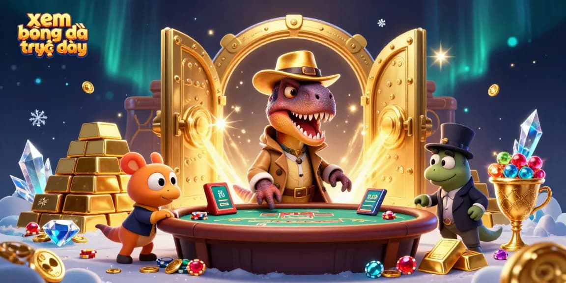Experience xem bóng đá trực tiếp with a savvy velociraptor at the blackjack table, while treasure bursts around them.
