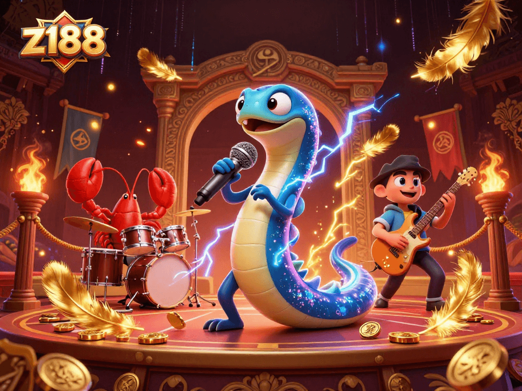Experience z188's vibrant underwater casino scene with electric eel DJ and dynamic backup band.