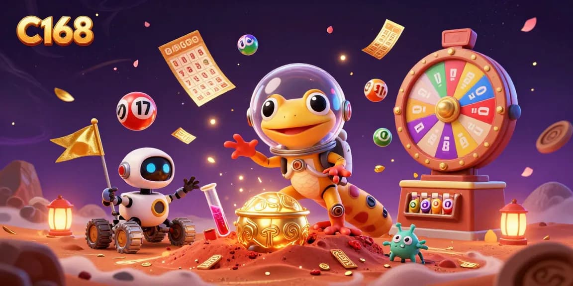 C168 captures a Martian gecko's thrilling lottery discovery in a vibrant golden casino
