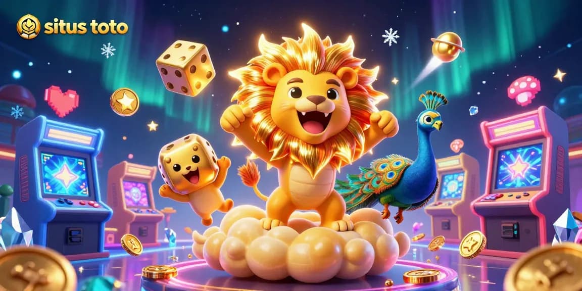 Situs toto menampilkan lion kartun bersinar di latar belakang kasino dengan efek visual yang kaya.