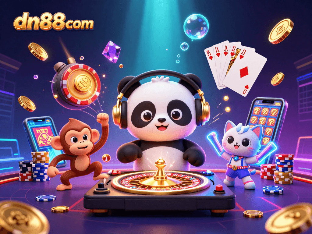 A thrilling casino scene with the dn88com DJ panda spinning on roulette turntables, vibrant coins, and colorful poker chips.