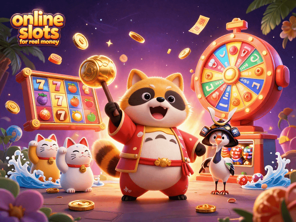 Engage with thrilling online slots for real money in a vibrant cartoon world featuring a cheerful tanuki and lucky symbols.