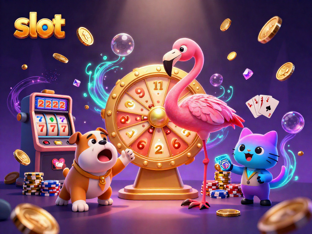 Spinning slot machines with vibrant characters and gold coins, depicting a casino game's excitement