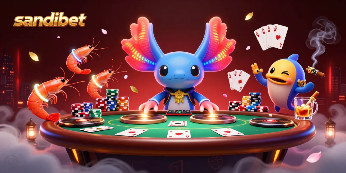 Experience the thrill of sandibet with a neon axolotl DJ at an exciting poker scene, showcasing vibrant casino elements.