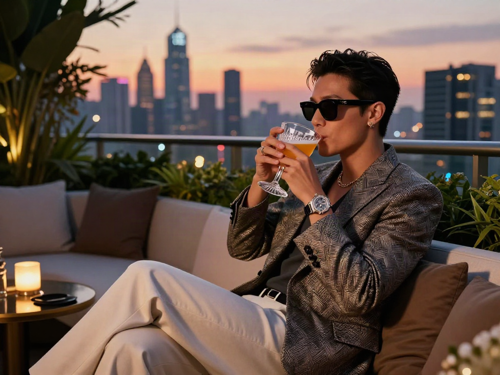 Gaya hidup mewah luxury111 menyajikan suasana nyaman di balkon, dengan pemandangan kota saat senja.