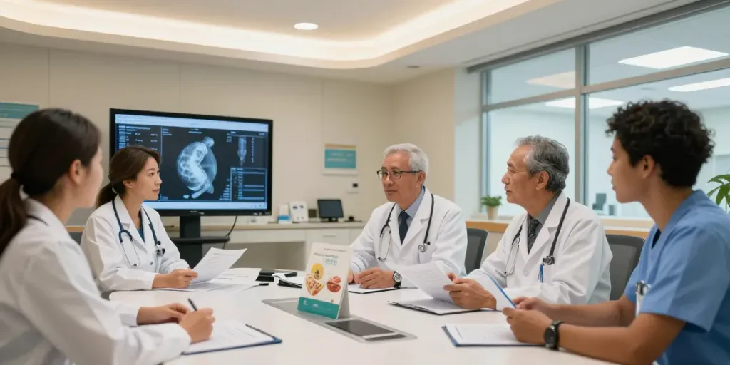 Esophageal and stomach cancer care team discussing patient treatment plans in a modern medical center.