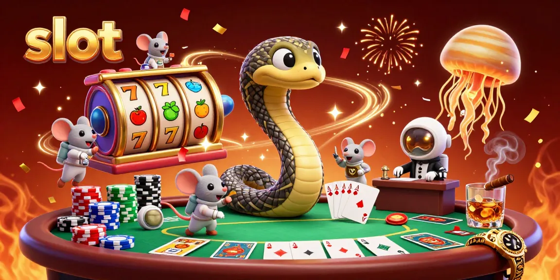 Experience the excitement of slot gaming in this whimsical cosmic scene with a Saturn snake and betting astronaut mice.