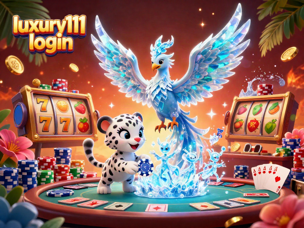 Experience a vibrant scene of the luxury111 login with characters and casino elements, showcasing a magical ice phoenix.