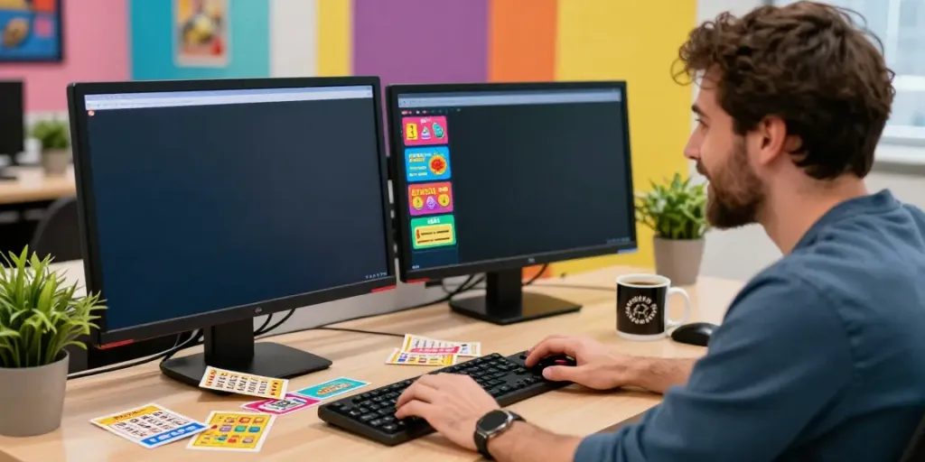 Excited player engaging with harga toto online lottery game at a vibrant desk setup.