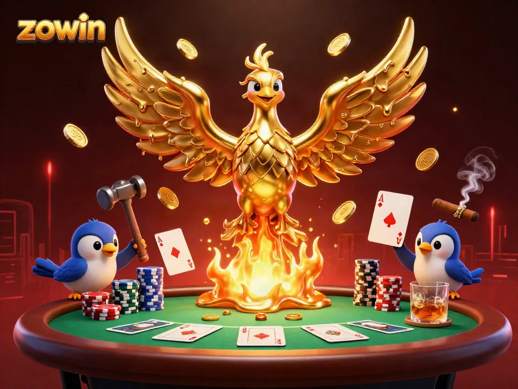 Experience the thrill of ZOWIN with a dazzling illustration of a molten phoenix and rich poker elements.