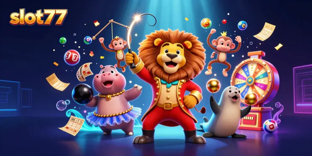 Experience the thrill of slot777 with a vibrant circus scene featuring animated characters.