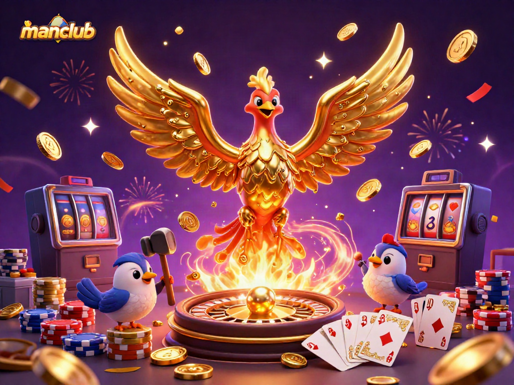 Experience the thrill of manclub with a molten golden phoenix, spinning roulette, and poker action.