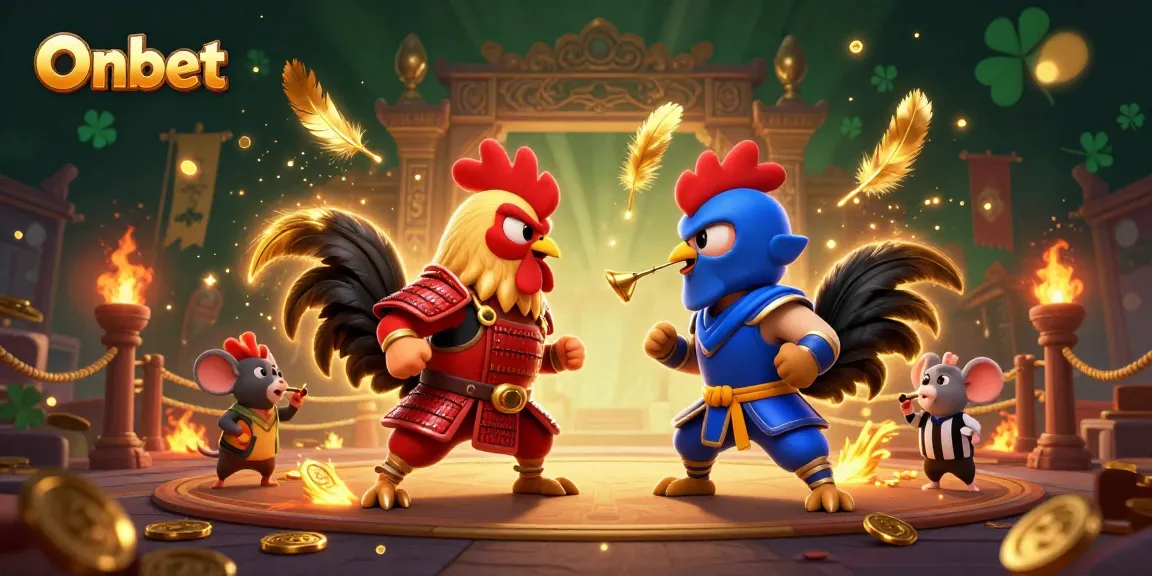 Engage in exciting challenges at Onbet with dynamic 3D fighting roosters in a packed gambling arena.