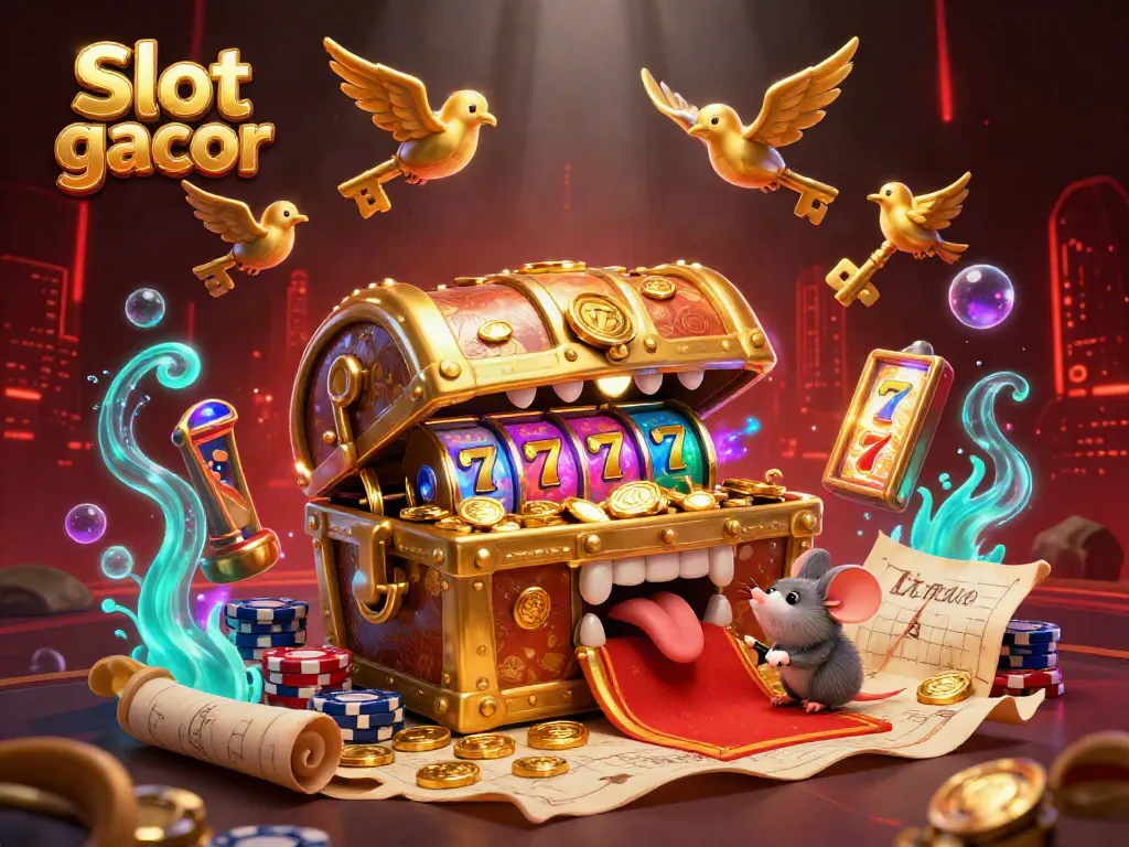Experience excitement at Slot gacor with a treasure chest and dynamic slot reels drawing in adventurer mice.