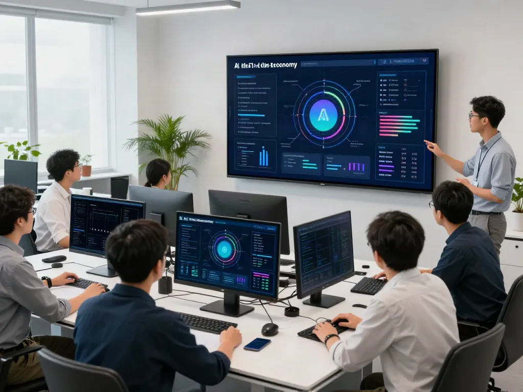Engineers collaborating in a bright tech workspace on AI Token Economy strategies and visualizations.