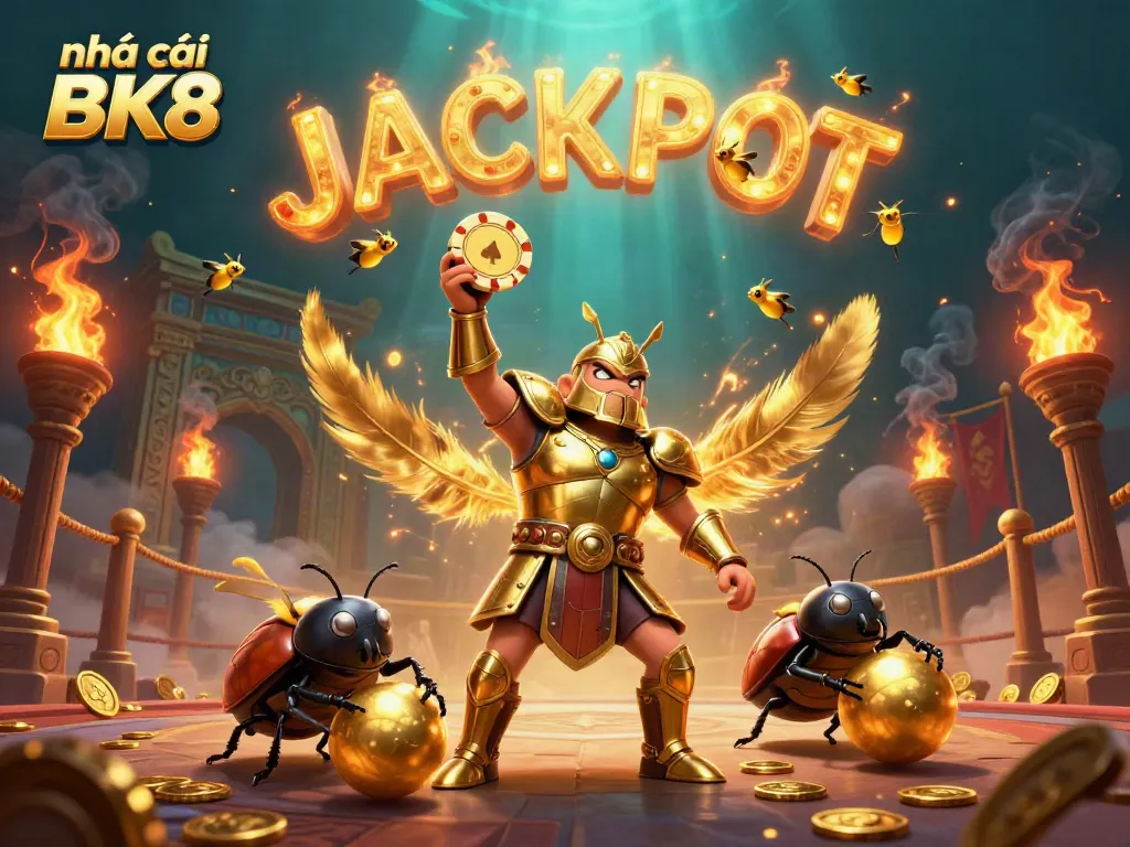 Engage with nhà cái BK8 in a vibrant casino scene featuring a heroic beetle celebrating a jackpot.