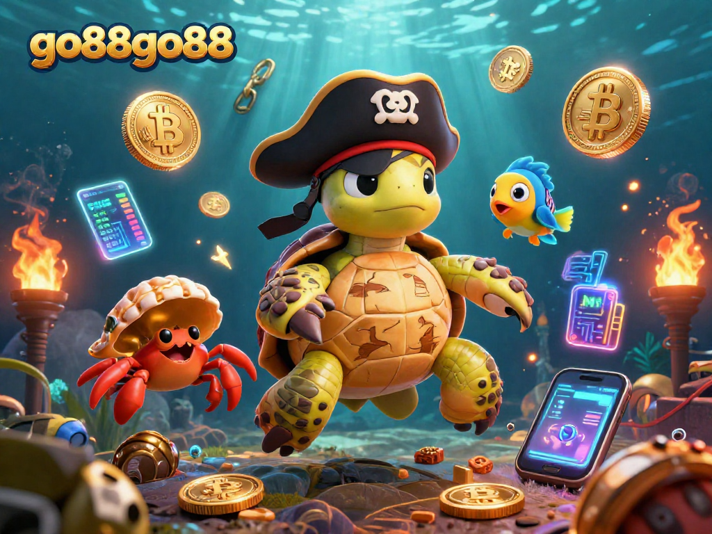 Experience thrilling gameplay with go88go88, featuring a pirate turtle, treasure, and crypto elements.