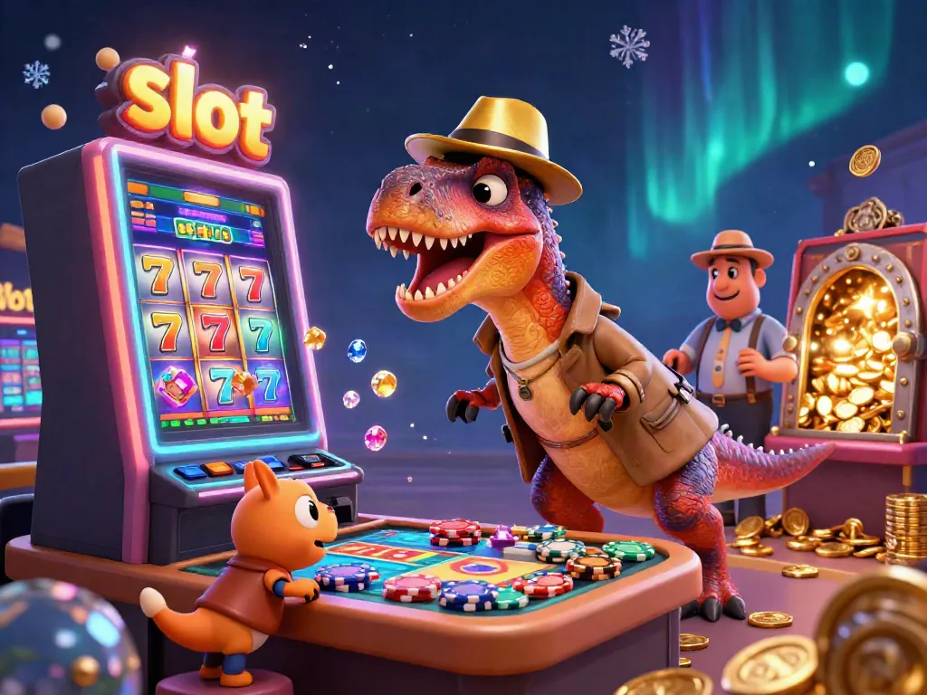 Experience excitement at the slot machine with a velociraptor card counter and treasures galore.