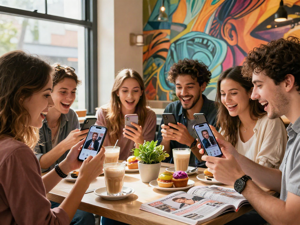 Friends discovering who they look like celebrities at a café, reviewing app results together.