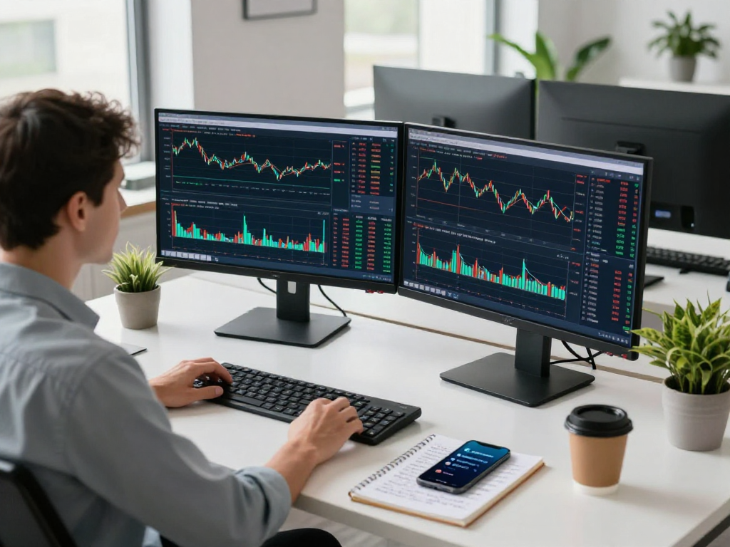 TradingView analytics in a bright, organized workspace with multiple monitors and an analyst reviewing market data.