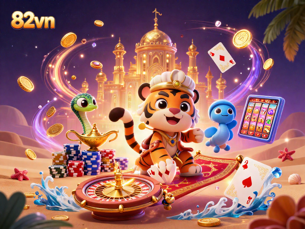 Engage with 82vn's thrilling casino world featuring a sultan, magic lamp, and vibrant gaming elements.