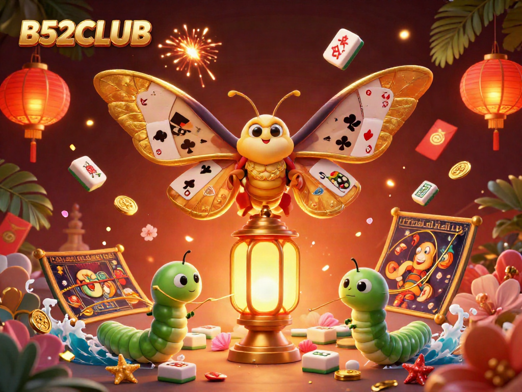 B52CLUB Casino Scene: A vibrant illustration of a golden-winged moth amidst dynamic gaming elements and festive decorations.