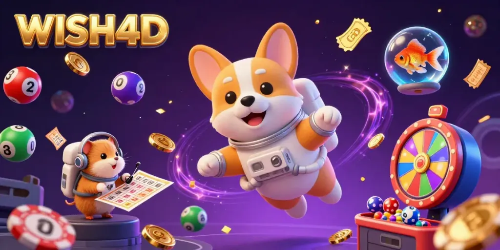 Experience exciting gaming action with WISH4D in a vibrant space casino scene filled with dynamic lottery elements.
