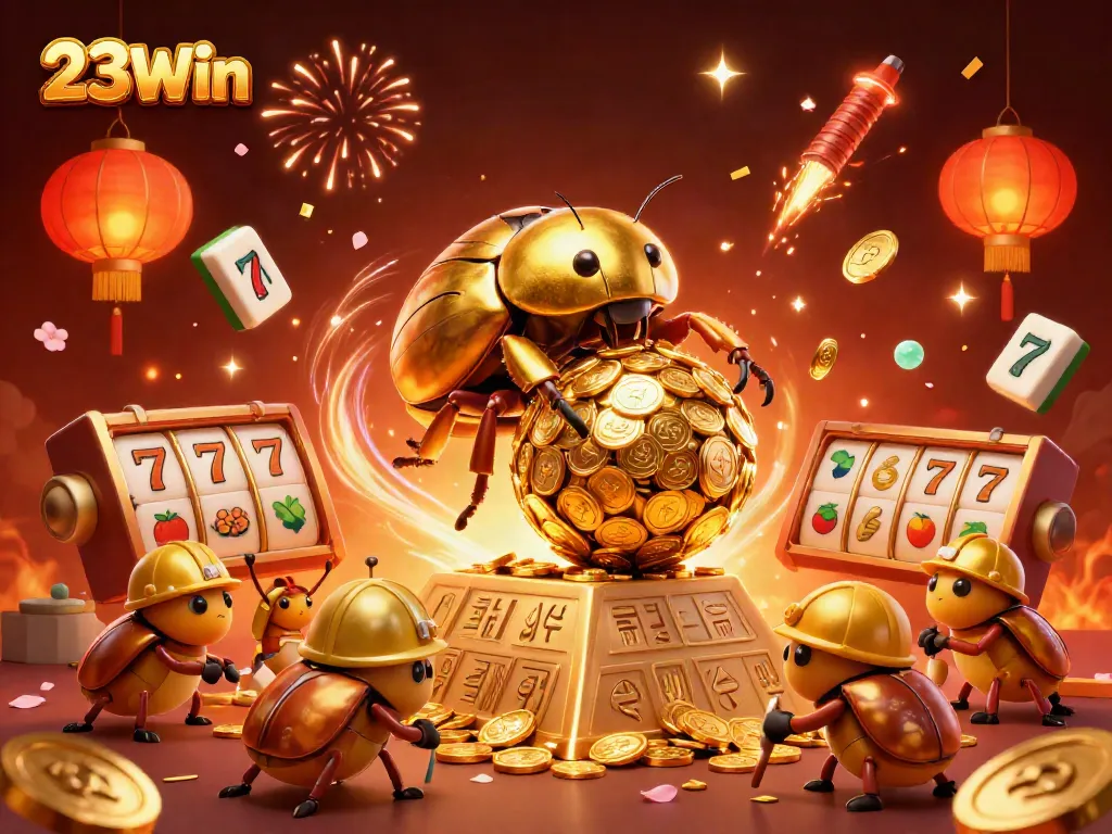 Play exciting slots with 23Win as golden coins and festive symbols collide in vibrant action.