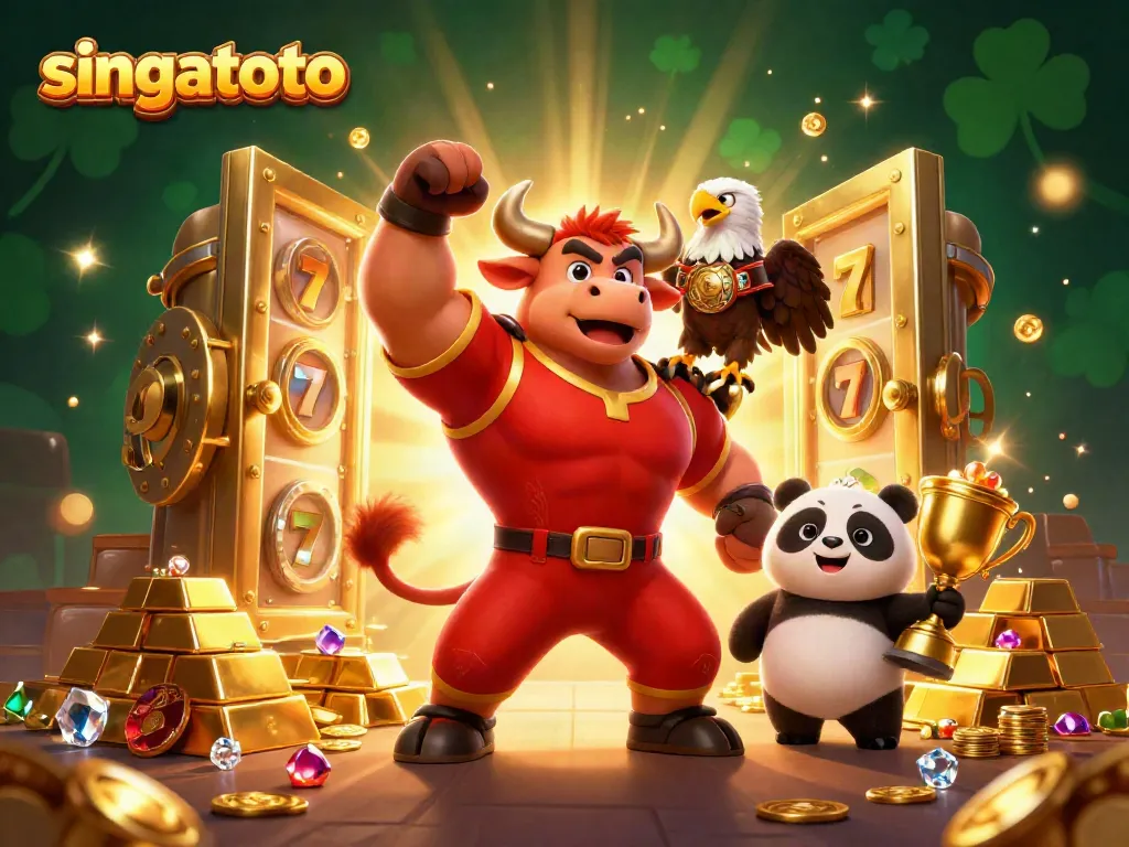 Experience thrilling victories at singatoto with a dynamic 3D casino scene featuring mascot characters.