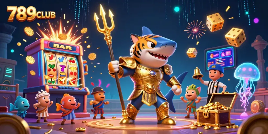 Experience excitement at 789CLUB with a vibrant slot machine and thrilling underwater casino scene.