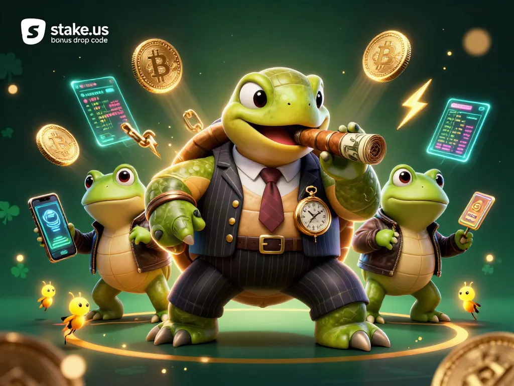 Claim bonus drops with stake.us bonus drop code in a dynamic casino scene filled with vibrant graphics.