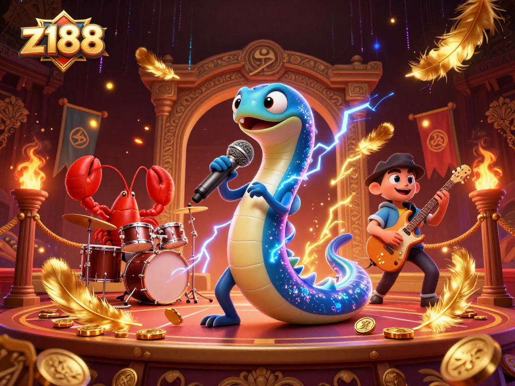 Experience z188's vibrant underwater casino scene with electric eel DJ and dynamic backup band.