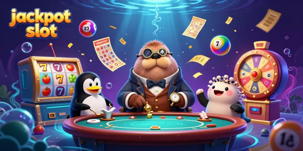 Engage with the jackpot slot world, featuring a walrus and friends at a vibrant underwater casino table.