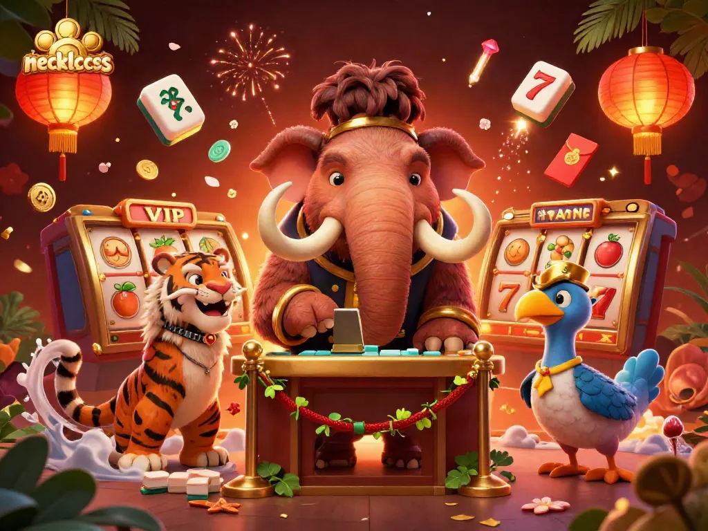 Experience vibrant necklaces amidst a dynamic casino scene with spinning slot reels, celebrating luck and style.