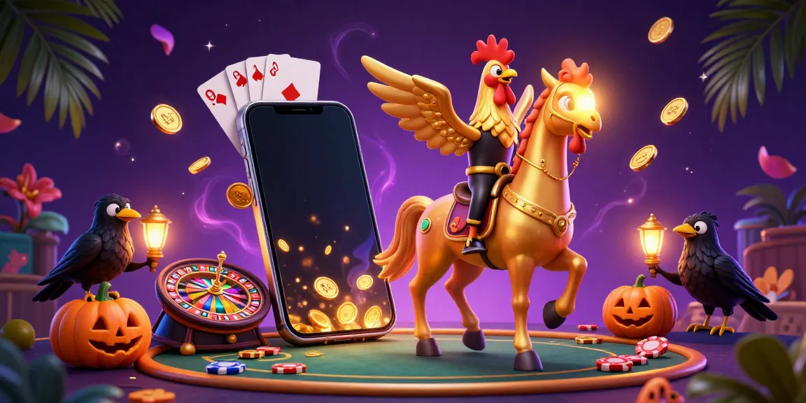 Engage with the thrilling zowin game in an ultra-detailed casino scene featuring a magical golden rooster and interactive gaming elements.