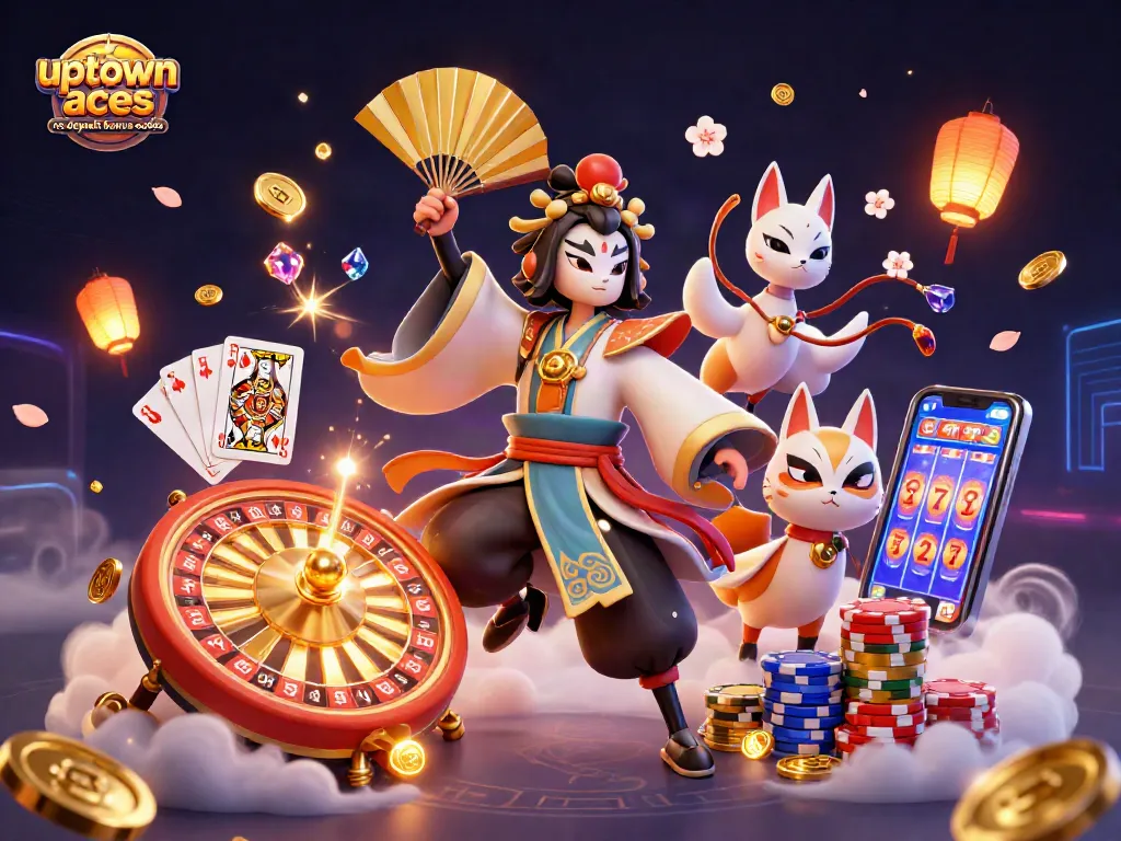 Engage with uptown aces no deposit bonus codes in a vibrant 3D casino scene featuring warriors.